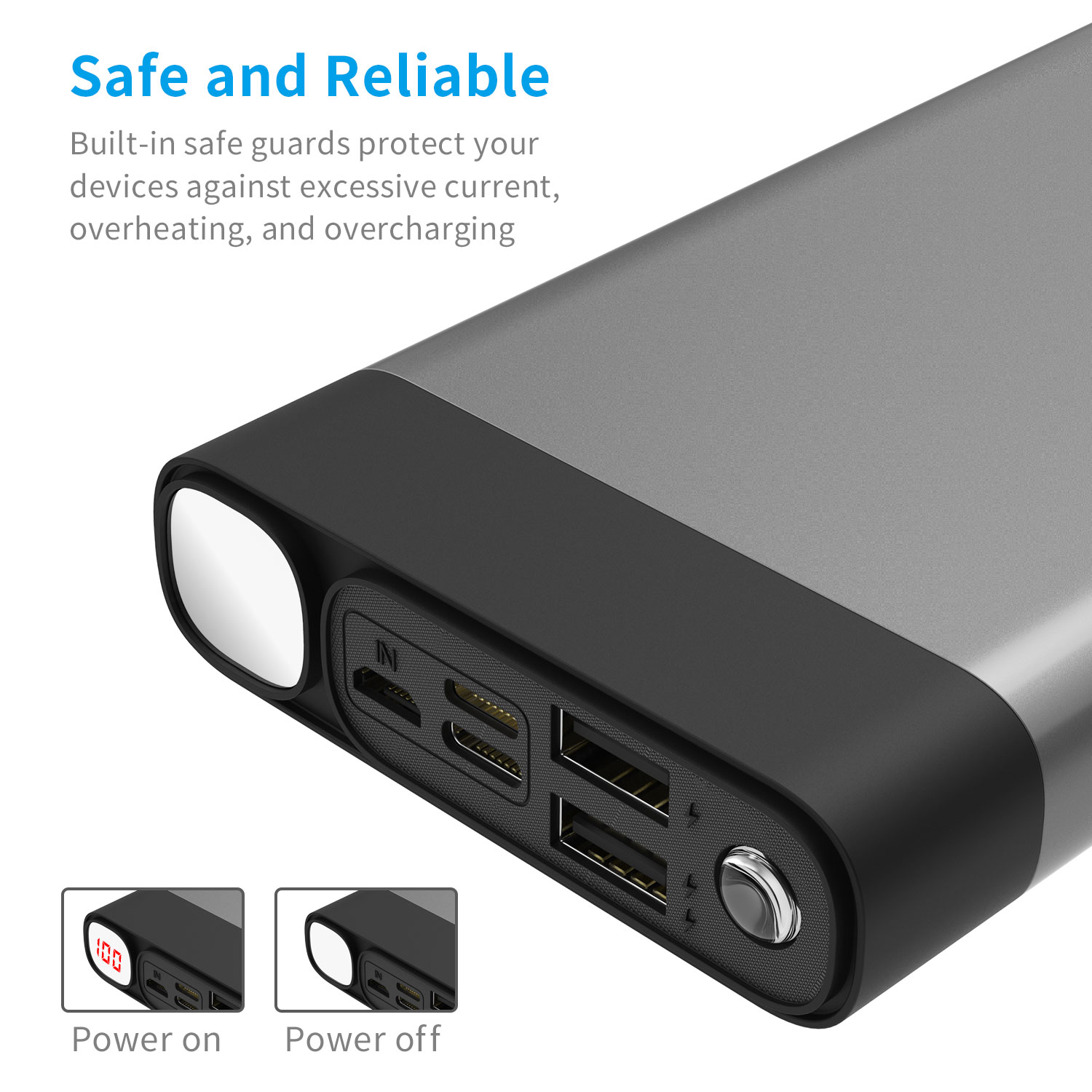 Power Banks 30000mAh Safety Metal Shell With LED Display(Please Remove the Protective Film) 2x USB Ports Mini Flashlight Portable Phone Charger Quick Charge Mobile Phones Tablet etc.(Grey_30000mAh)